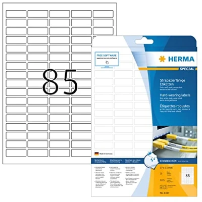 Obrázek HERMA 8337 Fóliové etikety odolné proti povětrnostním vlivům, 25 listů, 37 x 13 mm, 85 na arch A4, 2125 kusů, samolepicí, potiskovatelné, matné, prázdné samolepicí etikety, nálepky z fólie, bílé