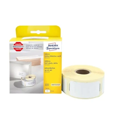 Obrázek AVERY Zweckform AS0722520 Dymo LabelWriter Adresní štítky kompatibilní se S0722520 (25x54mm, 1 role 500 nálepka na adresy, samolepicí, pro LW tiskárna štítků/popisovací zařízení/páska