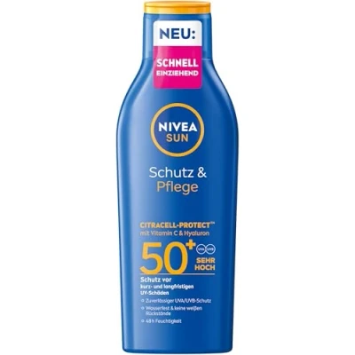 Obrázek NIVEA SUN ochrana &amp; péče opalovací mléko LSF 50+, voděodolná proti slunci s vitaminem C Hyaluron, rychle se vstřebávající krém pro 48h vlhkost bez bílých zbytků (200 ml)