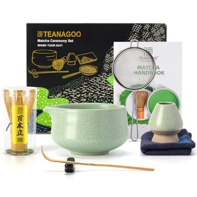 Obrázek TEANAGOO Matcha Set, 7 Pcs, Tee Set für Zeremonie, Teeset Frühstück/Latte, grüne Schüssel (Chawan) mit Ausguss und Schneebesen, Geschenk Liebhaber