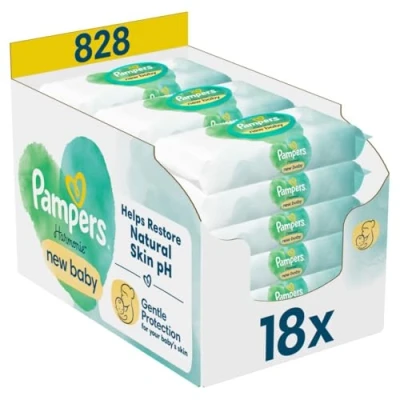 Obrázek Pampers Harmonie New Baby vlhčené ubrousky 18 balení po 46 vlhčených ubrouskech = 828 ubrousků, které pomáhají obnovit přirozenou hodnotu pH pokožky