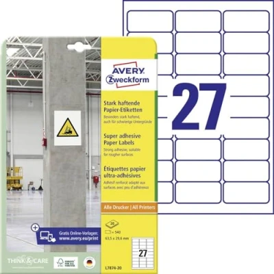 Obrázek AVERY Zweckform L7874 20 silně přilnavé etikety (540 nálepek, 63,5 x 29,6 mm na A4, extrémně samolepicí, také pro obtížné povrchy, lze potisknout Power lepicí etikety) listů, bílá