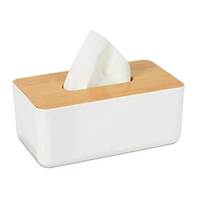 Obrázek Relaxdays Box na ubrousky s víkem z bambusu, do koupelny, moderní design, plast, v x š h: 10 23 13 cm, bílá/přírodní