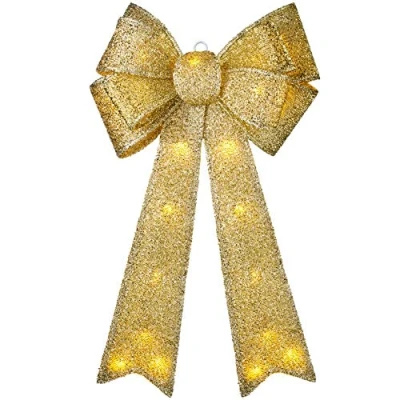 Obrázek WeRChristmas Große Weihnachtsschleife mit 25 LED Lichtern, Kunststoff, Gold, 60 cm