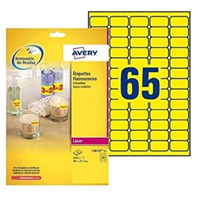 Obrázek Avery L7651Y 25 Mini neonové etikety (pro laserové tiskárny, 65 na list, 38,1 x 21,2 mm) 1652 etiket neonově žluté