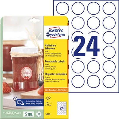 Obrázek AVERY Zweckform Štítky na marmelády č. 5080 (240 nálepek odstranitelné, Ø 40 mm A4, kulaté, koření nebo zavařovací sklenice, sáčky pečivo, dárky a vlastnoručně vyrobené z kuchyně) 10 listů