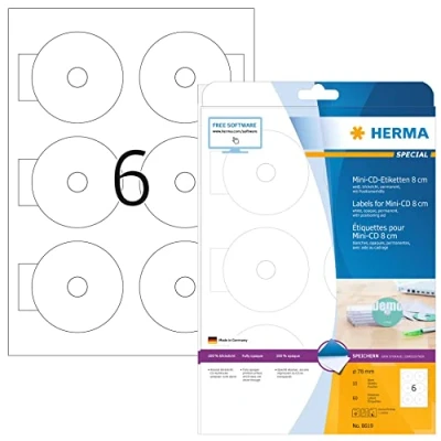 Obrázek HERMA 8619 Mini CD etikety vč. středicí pomůcky neprůhledné, 10 listů, Ø 78 mm, 6 archů A4, 60 kusů, samolepicí, s možností potisku, matné, prázdné papírové lepicí nálepky, bílé