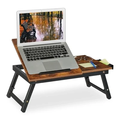 Obrázek Relaxdays Stolek na laptop pro postel a gauč, skládací stůl do postele, bambus, výškově nastavitelný, podnos tmavě hnědý/černý, 1 kus