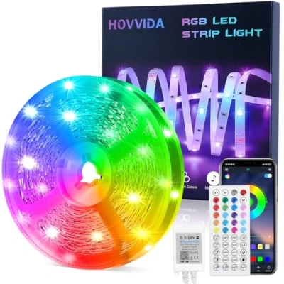 Obrázek HOVVIDA LED pásek 15 m, 1 role, 30 LED/metr, RGB pásky, 450 LED, aplikace a dálkové ovládání, hudební režim, režim načasování, do pokoje, obývacího kuchyně, ložnice, baru, party