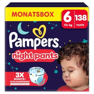 Obrázek Pampers Night plenky Pants velikost 6 (15+kg) Baby Dry, měsíční box, plenkové kalhotky poskytují dodatečnou ochranu pro celou noc, 138 plenek do kalhotek