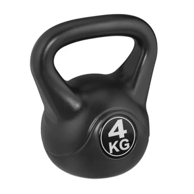 Obrázek Relaxdays Kettlebell 4 kg, plastová kuličková činka, fitness cvičení, setrvačník, dámy a pánové, kulovitá hmotnost, černá