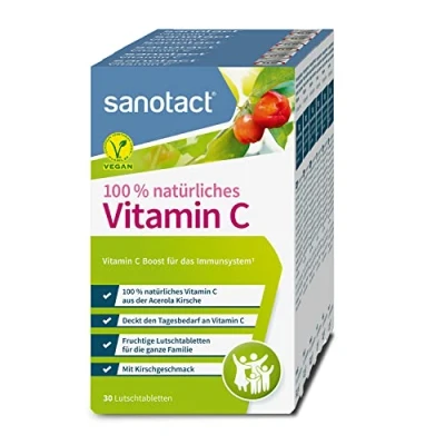 Obrázek sanotact vitamín C (6 x 30 pastilky) Veganské tablety Acerola 100% přírodní pro děti a dospělé vysoce koncentrovaný vitamin z třešně