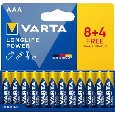 Obrázek VARTA Baterie AAA, 8+4 (12 kusů), Longlife Power, alkalické, 1,5 V, ideální pro hračky, rádiová myš, kapesní svítilny, balení z 90 % recyklované, Made in Germany