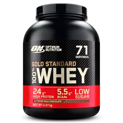 Obrázek Optimum Nutrition ON Gold Standard Whey Protein prášek, proteinový prášek pro budování svalů, přirozeně obsažené BCAA a glutamin, Extreme Milk Chocolate, 71 porcí, 2. 27 kg, balení se může lišit