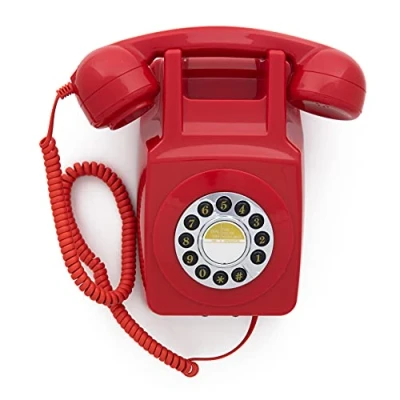 Obrázek GPO 746 WALL retro telefon s pevnou sítí tlačítky pro montáž na stěnu autentickým vyzváněcím tónem, červený