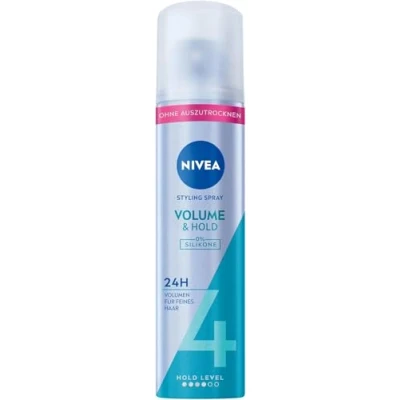Obrázek NIVEA Volume &amp; Hold Styling Spray, pečující sprej na vlasy s UV ochranou, Panthenol Vitamin B3, lak pro viditelně větší objem 24 h držení (stupeň fixace 4), veganský bez