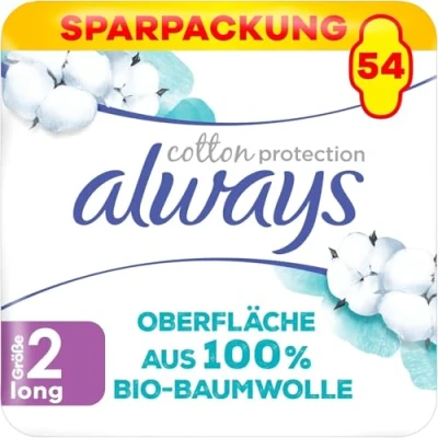 Obrázek Always ultra Binden dámské vel. 2, Cotton Protection Long, 54 dámských vložek s křídly (3 x 18 kusů), měsíční balíček, tenké a super absorpční