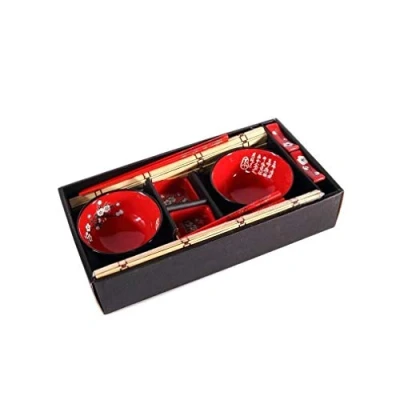 Obrázek lachineuse Traditionelles japanisches Reisservice für 2 Personen aus Porzellan mit Schalen, Saucieren, Essstäbchen &amp; Bambusmatte Farbe Schwarz Rot Geschirr Suppenschalen Geschenk Asien