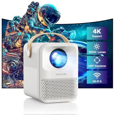 Obrázek Mini dataprojektor 4K, WOLFANG 5G WiFi Bluetooth přenosný projektor, nativní 1080P 12000 lumenů, lichoběžníková korekce, duální stereo reproduktory 200 palců, zoom, kompatibilní s