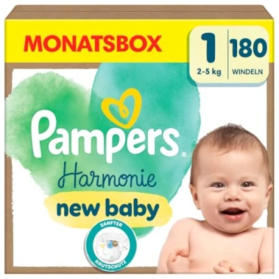 Obrázek Pampers Harmonie Baby plenky velikost 1, 180 plenek, 2 kg 5 kg, jemná ochrana pokožky a 100% absorpční schopnost