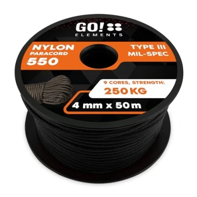Obrázek GO!elements 50 m Paracord lano z nylonové šňůry odolné proti přetržení 4mm 550 Typ III šňůra univerzální a Reep max. 250 kg, barva: Černá
