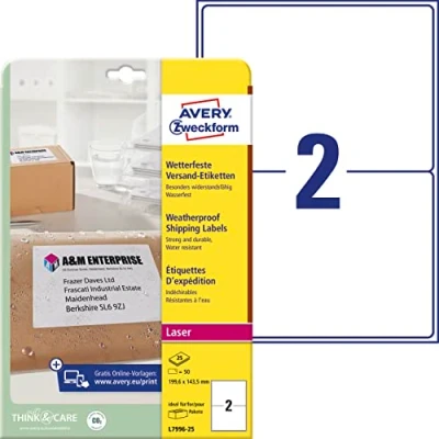 Obrázek AVERY Zweckform L7996 25 přepravní etikety odolné proti povětrnostním vlivům / nálepky (50 etiket, 199,6 x 143,5 mm na DIN A4, možnost potisku, samolepicí, pro balíky, balíky a role) listů, bílá