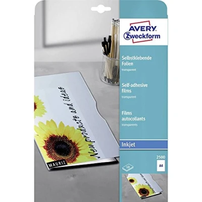 Obrázek AVERY Zweckform 2500 transparentních fólií pro inkoustové tiskárny (10 samolepicích s vysokou zářivostí barev, A4, speciální vrstva, stohovatelné, fotorealistické, tloušťka fólie 0,17 mm)