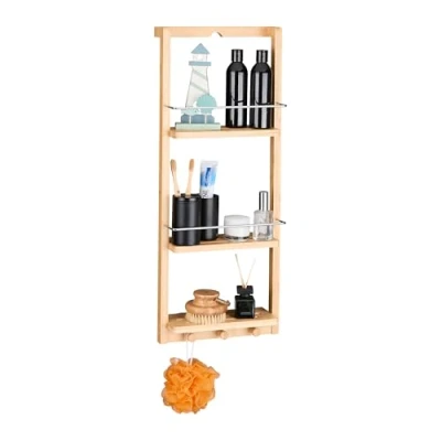 Obrázek Regál do sprchy od Relaxdays se 3 přihrádkami v x š h: cca 70 28,5 10 cm. k zavěšení háčky na ručníky nebo chňapky jako praktická polička kuchyně a koupelny, odkládací ze dřeva, přírodní
