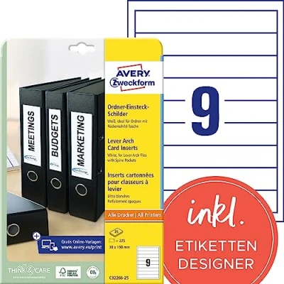 Obrázek AVERY Zweckform C32266 25 hřbety pořadačů zásuvné štítky (225 štítků na hřbetu, 30 x 190 mm A4, možnost potisku, k zasunutí pro úzké/krátké pořadače, mikroperforace, kvalitní karton) listů, bílá