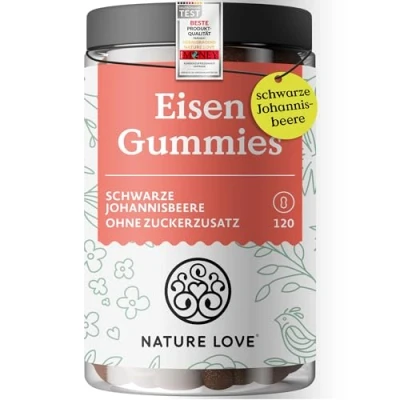 Obrázek NATURE LOVE® Železné gumy 120 kusů bez přidaného cukru, 96,5% podíl ovoce 6 mg denní dávka pro dospělé, 4 děti alternativa k tabletám a kapslí veganské laboratorně testované