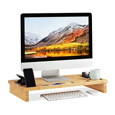 Obrázek Relaxdays, Přírodní stojan na monitor bambus, vyvýšení obrazovky pro laptop, obrazovku s úložným prostorem, V Š x H 9 60 30 cm, standardní
