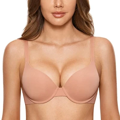 Obrázek DOBREVA Dámská Push Up podprsenka s kosticemi Soft T Shirt BHS se světlem vycpaná komfort Sexy, Káva na smetanu, 80D