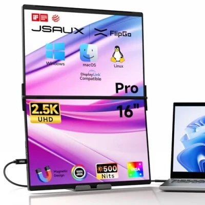 Obrázek JSAUX FlipGo 16&quot; pro 2,5 K přenosný monitor, duální obrazovkový rozšíření Triple Screen Setup, integrovaný HUB, magnetický design, kompatibilní s Windows/macOS