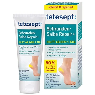 Obrázek tetesept Schrunden Salbe Repair+ krém na nohy s komplexem hydrolipidu, dexpanthenol + bambucké máslo mast pro efektivní redukci popraskané pokožky 1 x 60 ml