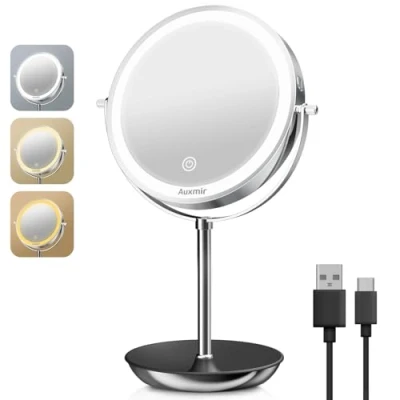Obrázek Auxmir Dobíjecí kosmetické zrcátko s LED osvětlením a zvětšením 1X/10x, 8&quot; se světlem, stmívatelné 3 barvy světla otočné o 360, oboustranné zrcadlo na doma