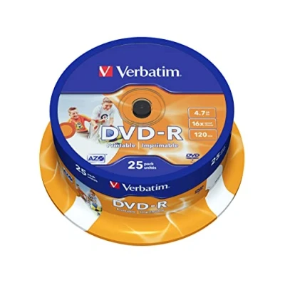 Obrázek Verbatim DVD R Wide Inkjet Printable 4. 7GB, balení po 25 kusech vřeteno, polotovary potištěné, 16násobná rychlost hoření &amp; Hardcoat Scratch Guard, printable, prázdné
