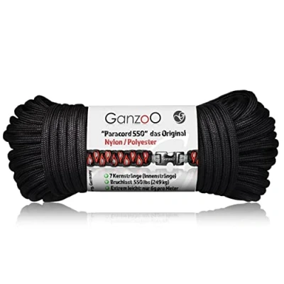 Obrázek Ganzoo Paracord 550 lano černé 4 mm šňůra typ 3, nylon &amp; polyester, ideální pro kutilství vodítka psy obojek náramek/Camping Survival a Outdoor 3 metry univerzální 7 vnitřních pramenů