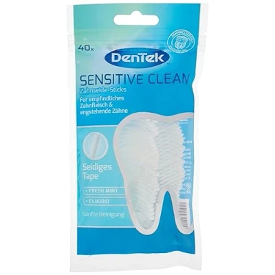 Obrázek 40 ks tyčinek na zubní nit DenTek Sensitive Clean pro citlivé dásně zasazené zuby čištění zubů mezizubní prostory mátová příchuť fluorid párátka čistič jazyka