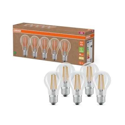 Obrázek Osram Vysoce účinné LED žárovky s energetickou účinností třídy A, výhodné balení 5 žárovkami, nahrazuje běžné 60W žárovky, teplá bílá (2700 K), E27, Filament sklo, čiré