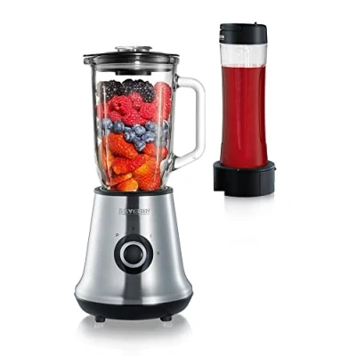 Obrázek SEVERIN Multimixér, stojanový mixér 2 v 1 a smoothie Maker s 1l skleněnou nádobou na mixování pohárkem pití, kuchyňský se stupni funkcí pulzu, 500 W, ušlechtilá ocel/černý, SM 3737