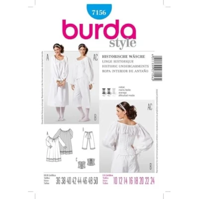 Obrázek Burda 7156 Historické spodní prádlo střihací vzor pro noční košili, pantalony a korzet (pouze jednotná velikost)