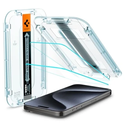 Obrázek Spigen Sklo. tR EZ Fit ochranná fólie kompatibilní s iPhone 15 Pro, 2 kusy, odolná proti poškrábání, tvrdosti 9H