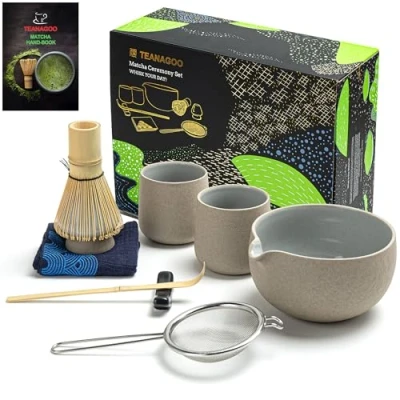 Obrázek TEANAGOO Matcha Whisk Set Bowl s litým Spout Bambus Scoop Holding Tee Making Kit. 1 japonská čajová sada (7 ks) + 2 Cups (7,2oz), S2, tmavší šedá
