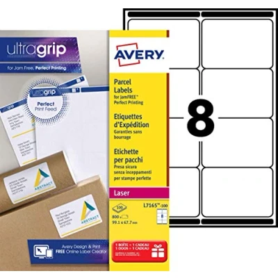 Obrázek AVERY Zweckform L7165 100 Obrazy / zásilková nálepka (800 etiket s ultragrip, 99,1 x 67,7 mm na A4, lze potisknout, samolepicí, pro obálky DIN B4/C4 a přepravní role, listů, bílá