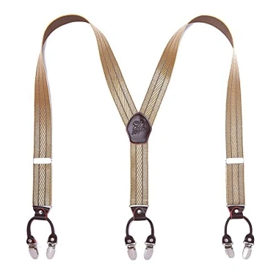 Obrázek KANGDAI Pánské šle, 6 klipů, Heavy Duty Men Braces Y zpět, 20 barev, odolné, elastické, nastavitelné silné kovové spony, Zlatá
