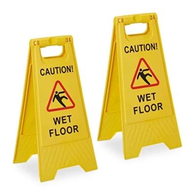 Obrázek Relaxdays Stojánek s nebezpečím uklouznutí, kauce Wet Floor&quot;, 2dílná sada, skládací, oboustranně popsaný, plast, žlutý, 59 x 29 23 cm