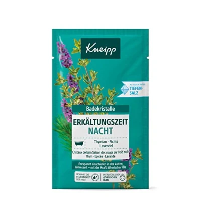Obrázek Kneipp Krystaly do koupele Doba nachlazení noc čistě přírodní koupelová sůl Saline Luisenhall s éterickými oleji z levandule, tymiánu a smrku uvolňuje usínání v chladných ročních obdobích 60 g