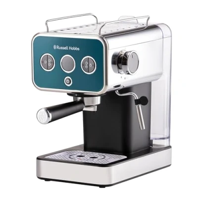 Obrázek Russell Hobbs Kávovar na espresso [pákový kávovar] Distinction Edelstahl Ocean Blue (15 bar, vložka 1 &amp; 2 šálků, ESE polštářky, automatické dávkování man.Optionon, parní tryska pro horkou vodu