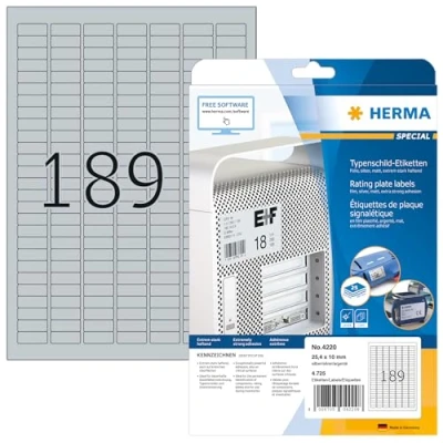 Obrázek HERMA 4220 Typový štítek Fóliové etikety stříbrné, 25 listů, x 10 mm, 189 na arch A4, 4725 kusů, samolepicí, potištěné, odolné proti povětrnostním vlivům, samolepicí z fólie
