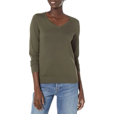 Obrázek Amazon Essentials Damen Leichter, Langärmeliger Pullover Mit V Ausschnitt, Klassischer Schnitt (Erhältlich In Übergröße), Dunkles Olivgrün Meliert, XS